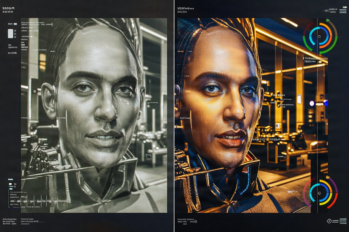 Split-screen image showing raw flat footage on the left and highly graded, vibrant cinematic footage on the right.