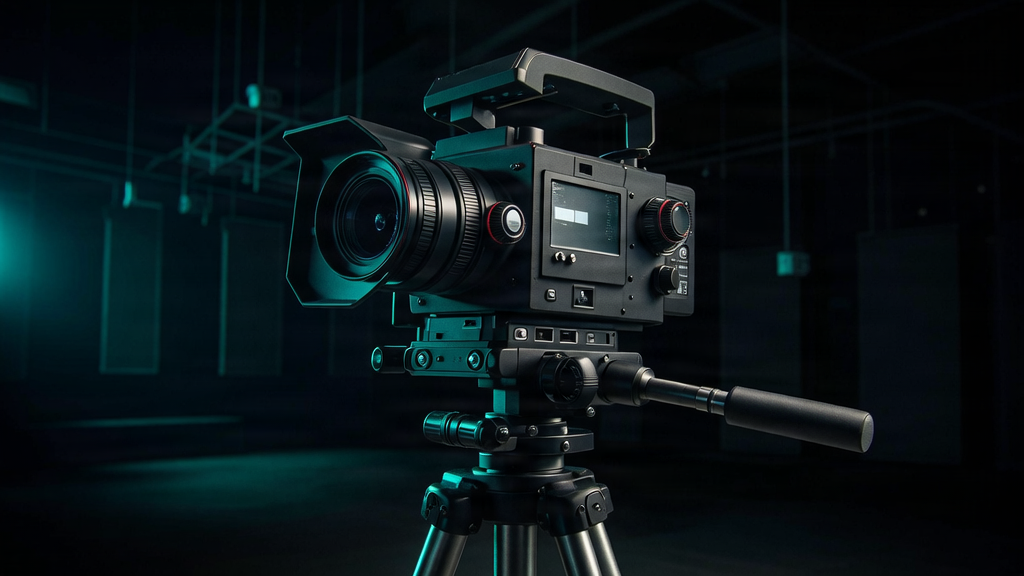Cinematic camera on tripod with high-contrast editing setup